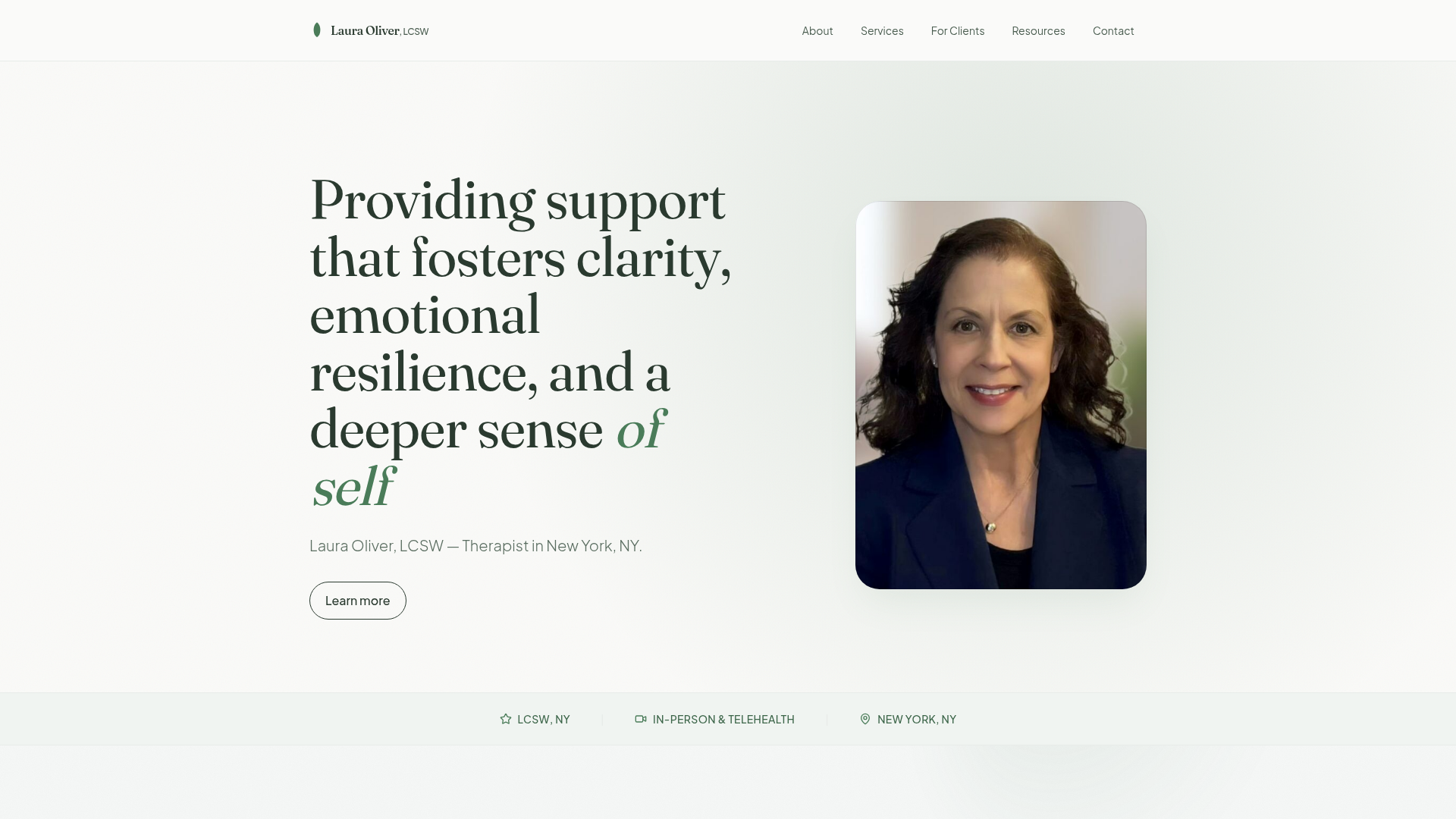 The new lauraoliverlcsw.com homepage, with Laura's photo, specialties, and a warm botanical design
