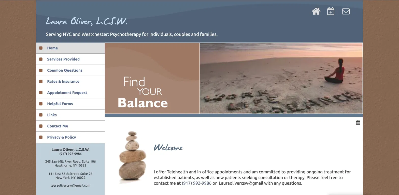 Laura's old TherapySites website — dated template with stock photos and no photo of her