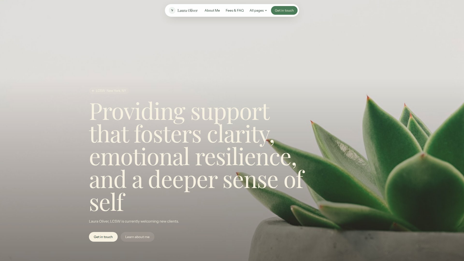 Laura Oliver's current Harmony homepage at lauraoliverlcsw.com, with a floating navigation header, botanical background, and her practice introduction