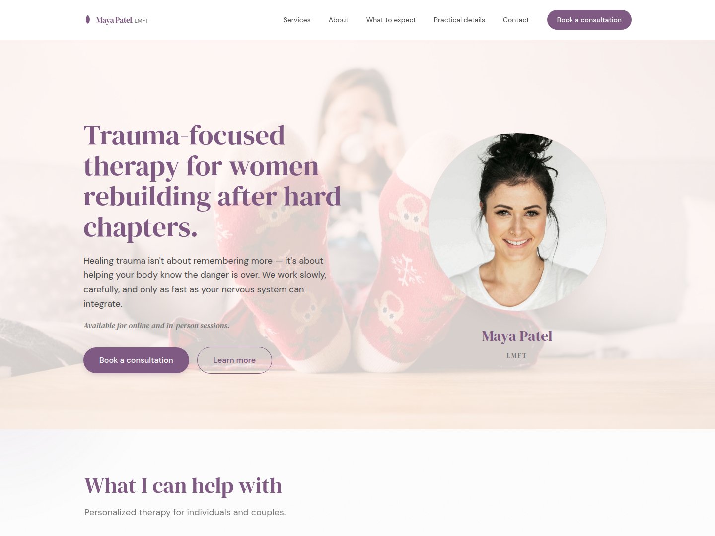 Example therapist website for Maya Patel